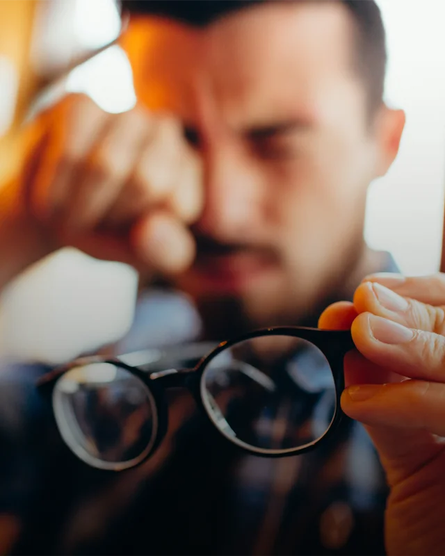 A blurry photo of a man rubbing at his tired, strained eyes, holding glasses that correct the blur