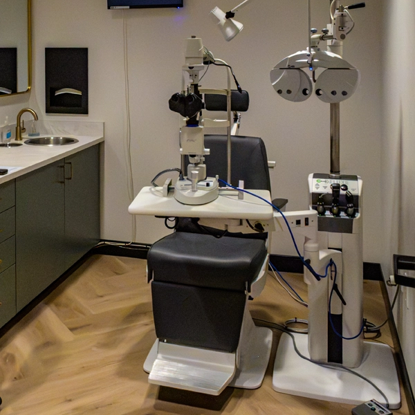An optometry exam chair at Elevation Vision